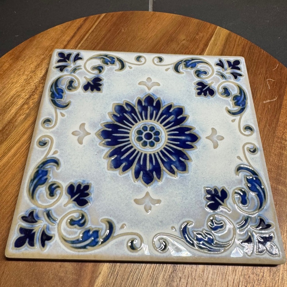 Vintage Japan Ceramic Art Tile Blue White Floral Medallion Trivet 6x6 Travel
